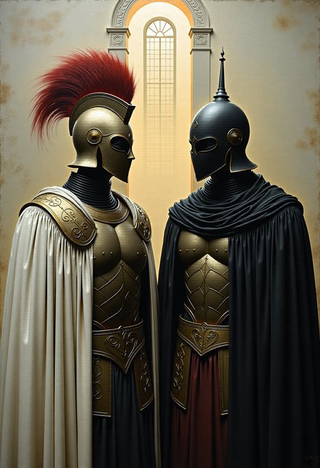 0n1r1c, Create a dramatic impasto painting with drips and painterly smudges of two majestic warriors, inspired by Achilles, the central character in Homer's Iliad, wearing futuristic, metallic full-body armor with a complex, segmented design. 

The painting is divided vertically into three sections.
The left section, only white, is dominate from Paris, his
warrior's helmet should have a striking red horsehair crest.
The background of this left section is a light white.
The middle section, only light gray, showcases a high, arched window below the upper edge of the painting, through which the moon shines.
The background of this middle section is a light gray.
The right section, only dark gray, is dominate from Achilles, his warrior's helmet should have a striking white horsehair crest.
The background of this right section is a dark gray.

Both helmets reminiscent of ancient Greek soldiers.
Both armors should have multiple plates and reinforcements, covering the entire body and combining both ancient and modern aesthetics. 

The shoulder plates and bracers of both armors should feature additional plating with gold accents. Both warriors should wear long, flowing black capes, adding a touch of royalty. Their overall appearance should exude strength, nobility, and a harmonious blend of the antique and the modern. Set the scene in a dark, grand hall with high, arched windows in the background. The painting should emphasize a combination of ancient grandeur and a futuristic, modern, and abstract style, with dramatic lighting features in a monochromatic scheme, primarily in shades of black, white, and gray.
