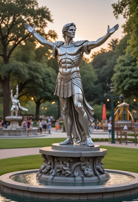 (medium full shot) of (graceful silver statue) with outstretched arms,  , with gladiator armor,   located in  a bustling park, featuring lively playgrounds, scenic trails, vibrant gardens, tranquil water features, chic seating areas, during twilight, Masterpiece,best quality, photo, realistic, very aesthetic,