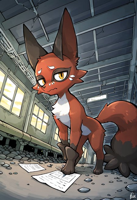 masterpiece, best quality, looking at viewer,      zzNickit,  abandoned train station, cracked stone platform, flickering terminal screen, empty benches, low camera angle, watchful posture, one paw on ledge, storm approaching â Atop a crumbling platform beneath a fractured terminal roof, zzNickit watches the horizon. Its body leans forward, one paw resting on the edge of a stone ledge. Above, thunderclouds build as wind howls through the broken windows, sending paper flyers skittering across the ground like ghosts of passengers long gone.   ,<lora:NickitPokedex_IXL_v1:1.0>,