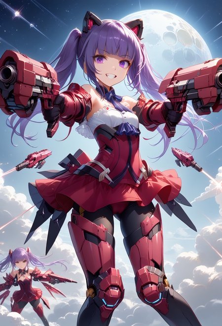 solo, score_9, score_8_up, score_7_up, source_anime, masterpiece, best quality, 1girl, icjayk, purple hair, twintails, blunt bangs, purple eyes, flat chest, small breasts,mecha musume, red armor,  gauntlets,  armored boots, red leotard, detached collar,  purple leotard, red gloves,  elbow gloves, red skirt, microskirt, fake animal ears, bare shoulders, black pantyhose, cameltoe, flying through space, space, galaxy, moon in background, dual pistols, aiming pistol against the camera, mecha musume, smile with teeth, naughty smile, covered nipples,