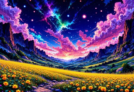 The picture reveals a cosmic landscape, where the scenery of the valley is transformed into a psychedelic surrealism dreamscape at dusk or dawn. Stars and shooting stars dance in the sky, their vibrant colors swirling and blending into a kaleidoscope of hues. Below, a meadow of small flowers appears fragmented into pieces, each petal radiating with otherworldly brightness, while the mountains in the distance are made of rock, their forms distorted and flowing like liquid stone. This breathtaking visual experience is imbued with a beautiful aesthetic, capturing an intrinsic quality that feels both tangible and ethereal. The highly detailed imagery, enhanced by a depth of field effect, mirrors the complexity of the cosmos, resulting in an 8k photo that bursts with HDR brilliance. Captured with a Canon EOS R5 and a 75mm lens, this casual photo transcends reality, inviting viewers into a realm where beauty and surrealism collide. Isnpired by the art of Boris Vallejo.