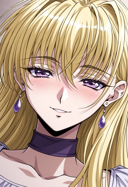 masterpiece, best quality, newest, highres, uncensored, 1girl, yokota mamoru style,1girl, slender face，motion lines,torogao,looking at the viewer,seductive smile,blush
Cecilia Game,Ahoge Hair, Blonde Hair, Waist Length Hair,Long Hair,Violet Eyes,Large Eyes,Choker,Slim
Slender Face,
Slim solo, open eyes, earrings, jewelry, long hair, blush, close-up,, dutch angle, portrait,happy