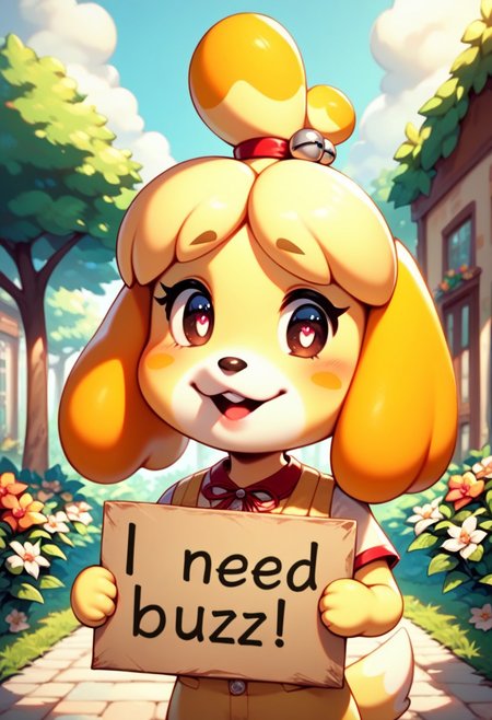 score_9, score_8_up, score_7_up, score_6_up,  source_anime, Isabelle from animal crossing holding a sign, clearly spelled text, sign says I love you, pretty eyes, beautiful park background, solo, upturned eyebrows, puppy dog eyes, pitiful, holding sign