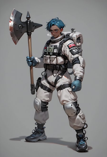1girl,   blue hair,  short hair,       dark skin,   
BREAK  1girl, holding axe, fighting stance,         
BREAK      bags under eyes, empty eyes, utsurome, symbol-shaped pupils,         torn clothes,  thick space suit, astronaut, (grey background),       
BREAK general, very awa, masterpiece, best quality, absurdres, highres, newest, <lora:Otididae_v1.0:0.8>