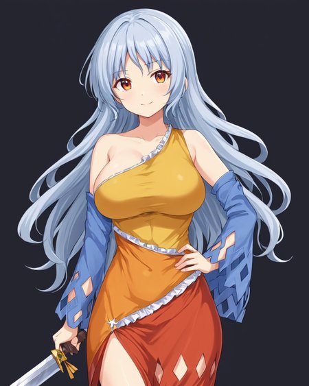 sakata nemuno,1girl, solo, covered_nipples, single_strap, multicolored_dress, large_breasts, bare_shoulders, looking_at_viewer, detached_sleeves, simple_background, cowboy_shot, black_background, orange_dress, smile, closed_mouth, collarbone, no_bra, weapon, taut_dress, red_dress, hand_on_hip, side_slit, standing, yellow_dress, arm_at_side, lips
<lora:sakata_nemuno_image573_2023-12-20-000015:1>,star-shaped_pupils,symbol-shaped_pupils,. gorgeous,key visual, vibrant, studio anime,award-winning, professional, highly detailed,high budget, cinemascope