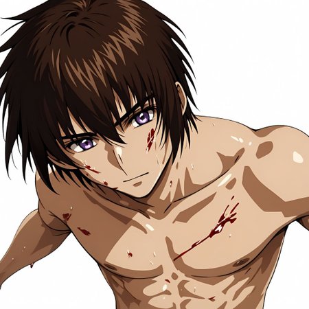 ASCII masterpiece, best quality, solo, kira_yamato, 1man, hair parted to the left, shirtless, sweaty, slim lean body, detailed reflective light purple eye, (beige skin tone: 1.1), fighting, combat, injured, bleeding, in front of a (plain white background: 1.2), 4k, 8k, intricate detail, soft warm lighting,