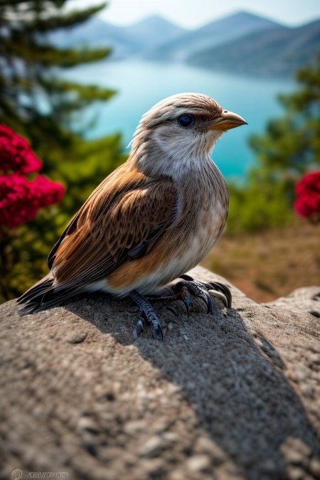masterpiece, best quality, ultra-detailed, realistic, 8k, (emphasize beautiful bird perched relaxing:1.37), pine tree, flowers fields, many kinds of flowers, a couple of rabbits on very distant, lakes, meadows, glitter, afternoon, sun, sunset, out-of-this-world scenery, lifelike, naturalism, greatest naturalism photo, immaculate detailed realism photography, rich colors, best colors perfect composition, perfect colors, colorful, clear photo, intrigue nature panorama, delicate nature photo, immaculate micro-details nature elements, (out-of-this-world scenery:1.23), beautiful landscape, beautiful flowers, crystal fantastic, breathtaking beautiful nature, unmatched beauty nature, more nature elements, rich nature elements, beach, (awards winning photography:1.37), trending on artstation, real life photo realistic, perfect proportion, aesthetic, artistic style, surreal, insanely lifelike, top best naturalism photography, greatest detailed, intricate nature details background, depth of field, no human, detailerlora,