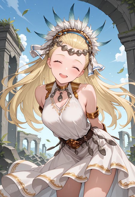 highres, best quality, masterpiece, outdoors, ruins, blue sky,
1girl, solo, gbfpetra, long hair, blonde hair, circlet, feathers, headdress, hair ornament,
white dress, sleeveless, bare shoulders, belt, armlet, bracer, jewelry,
looking at viewer, blush, smile, closed eyes, open mouth, head tilt,
standing, arms behind back, leaning forward, 
falling leaves, light particles,  
<lora:_petra_gbf-elesico-ilxl:1>