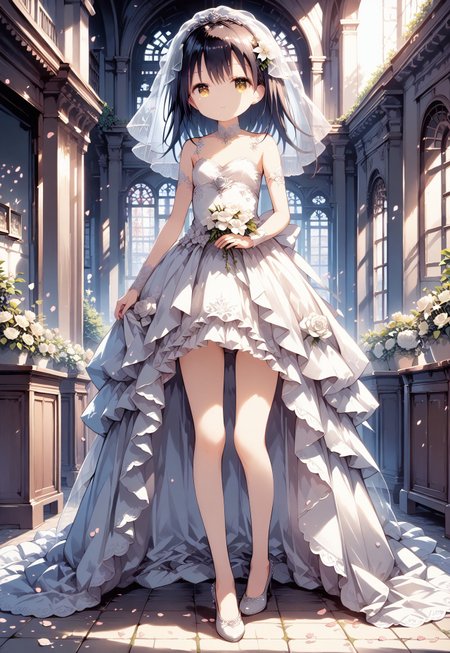 score_9, score_8_up, score_7_up, 1girl,FujisakaLP,high definition eyes, (masterpiece), (best quality), (ultra detailed),(disheveled hair),(illustration), (best shadow), detail1eye, A girl, dressed in a wedding dress, white wedding dress, full body drawing, slim, long legs
