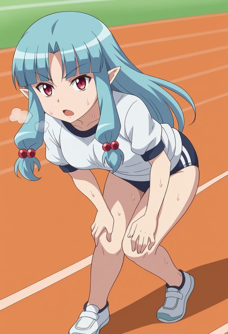 <lora:Kiriha_Obina-Tsugumomo:0.8>,1girl,solo,Kiriha Obina,pointy ears,long hair,blue hair,red eyes,bangs,anime coloring,hair ornament,hair bobbles,gym uniform,buruma,running track, leaning forward, hands on own knees,looking at viewer, open mouth, heavy breathing, sweat