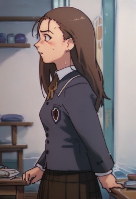 score_9, score_8_up, score_7_up, score_6, source_anime, iwakura mika, (((school uniform))), standing up, chibi, side view, ((pulling door, opening door)), sweating, scared, curious, empty restaurant room, empty restaurant background