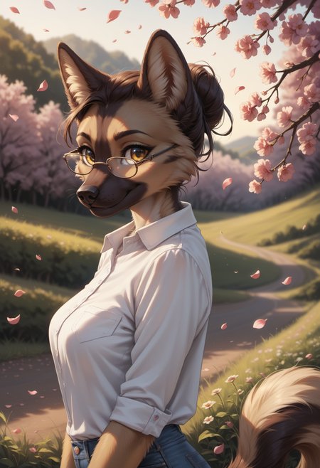 score_9, score_8_up, score_7_up, source_furry, high quality, perfection, detailed, aesthetic, well-lighted,
meadow, road, bright sun, strong wind, petals,
1girl, solo, upper body, side view,
furry female, anthro, furred body, fluffy fur, beautiful girl, cute girl, young, youthful, beautiful face, beautiful eyes, perfect eyes, detailed eyes,
german shepherd girl, medium breasts, yellow eyes, fluffy tail, tail up, good eyes,
white shirt, jeans, glasses,
smile, looking to side,
<lora:princess_xl_v2:0.6>, <lora:p_ami_v10_adafactor:0.4>, <lora:incase-ilff-v3-4:0.5>, <lora:CleanDetailed_Eyes:0.25>,âââ