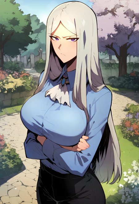 score_9, score_8_up, score_7_up, score_6_up, source_anime, rating_explicit, 1girl, solo, huge breasts,<lora:Luna Runcandel prefectPonyxl:0.9> long hair, white hair, purple eyes, grey hair, parted bangs, white ascot, jem, blue shirt, collared shirt, long sleeves, black pants, serious, garden, outdoors, looking at viewer, crossed arms, standing