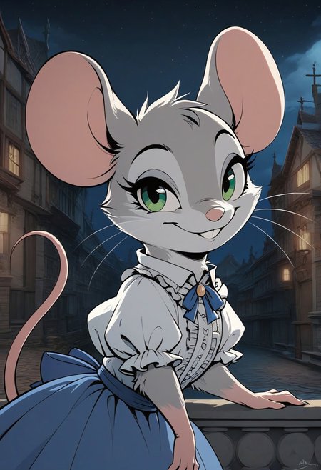 score_9, score_8_up, score_7_up, score_6_up, score_5_up, score_4_up,
[][][][][]
(((mouse))), (feral:1.5), female, solo, (fluffy:0.8), (fluffy cheeks:0.4), (cute), 
[][][][][]
(frilly shirt, blue skirt), grey fur, grey ears, brilliant green eyes, 
[][][][][]
flat color, in the style of Beatrix Potter,
[][][][][]
cel-shading, backlit, (cool color pallet), (upper body portrait, head focus:1.5), (side view), standing, look at viewer, bedroom eyes, 
[][][][][]
outdoors, standing, night sky, (sneaky smile:1.5), village,