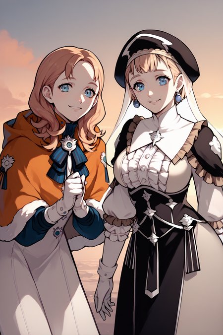 score_9, score_8_up, score_7_up, score_6_up, source_anime, two girls, looking at you, sunset BREAK 1girl, <lora:annette-pdxl-nvwls-v1-000005:1> warAnne, long hair, wavy hair, orange capelet, fur trim, blue ribbon, white dress, long dress, white gloves, smile, leaning forward BREAK 1girl  <lora:mercedes-pdxl-nvwls-v1:1> warMercie, blue eyes, short hair, beret, veil, see-through, earrings, frilled dress, center frills, corset, long dress, big breasts, leaning forward, smile