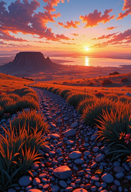 In the predawn hours, a vibrant sunrise illuminates the vast, sprawling prairie, casting a golden glow that dances across the landscape. the scene unfolds with a dramatic interplay of light and shadow. The horizon is a blazing tapestry of fiery reds, oranges, and yellows, set against the deep, cool tones of the night sky, which remains a haunting expanse of black and blue. The mist rising from the prairie adds an ethereal, almost magical quality to the scene, creating a delicate veil that softens the contours of the land. The focal shadow, cast by the plateau, cuts a sharp, diagonal line across the composition, enhancing the sense of depth and mystery. The gravel and scattered rocks, partially covered by tufts of golden grass, form a textured foreground, adding a sense of rough, natural beauty to the otherwise serene landscape. subtle luminous energy effects pepper the scene, casting dynamic highlights that interact with the mist and the shadows. The gravel, with its polished, smooth texture, glistens under the ethereal glow as it (curves away) into the lower left third of the scene, while the grass sways gently in the early morning breeze, creating a sense of movement and vitality. The high-contrast color palette, with its bold and vibrant hues, brings the scene to life, creating a powerful and otherworldly atmosphere. Every element, from the fiery sunrise to the dark, shadow-drenched areas, is meticulously detailed, with fine gradients and intricate textures that enhance the overall intensity and dynamic range. The result is a captivating and energetic landscape that feels both familiar and profoundly mystical, a testament to the beauty and power of nature., ultra-detailed, hyper-detailed, ambient lighting, volumetric lighting, (masterpiece), (Amazing quality), (phenomenal aesthetic), cinematic moment, 8K<lora:FLUX_Ghibsky_Illustrations.safetensors:0.8:1.0>