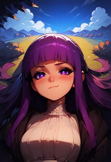score_9, score_8_up, score_8, medium breasts, (curvy), cute, eyelashes, score_9, score_8_up, score_7_up, source_anime, 1girl, fern \(sousou no frieren\), large breasts, long hair, purple hair, blunt bangs, half updo, purple eyes, open robe, long dress, pout, puffy cheeks, looking at viewer, serious, blush, upper body, outdoors, laying down,  smile, blush,
night sky,