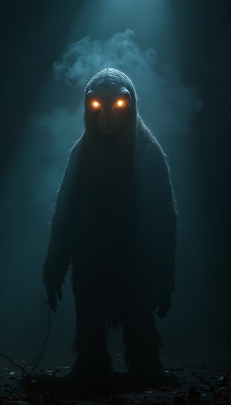 A gentle monster with glowing eyes in the dark night, 8k resolution, hyper realistic, day, 35mm film, editorial, high fashion, 2023, off white by virgil abloh