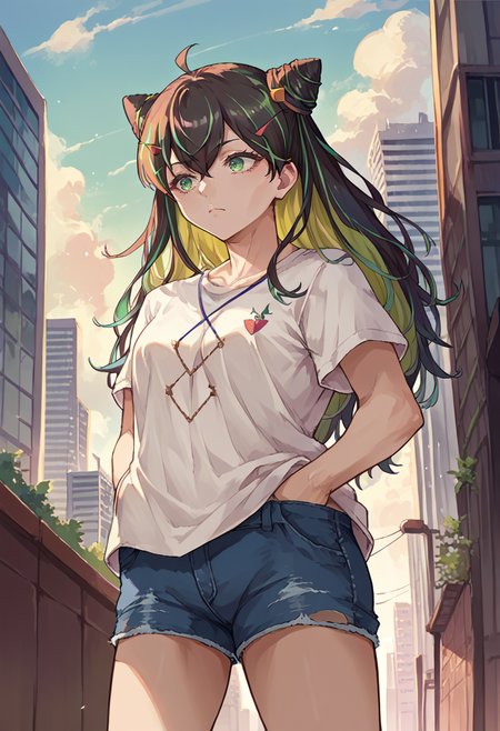 score_9, score_8_up, source_anime, 1girl, solo, Hachidori, multicolored hair, long hair, cone hair bun, ahoge, hair ornament, t-shirt, denim shorts, standing, outdoors, city, hands in pockets, <lora:ChamHachidoriPonyXL:1>