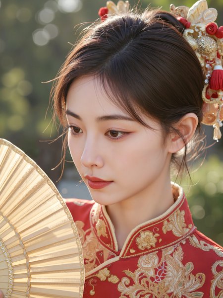 This is a high-resolution photograph featuring a young Asian woman with fair skin and delicate features. She has a slender build and is dressed in an elaborate, traditional Chinese outfit adorned with intricate gold and red embroidery. Her hair is styled in an elegant updo, with ornate hair accessories that include red and gold floral elements. She holds a golden fan in her right hand, which is partially visible. The background is softly blurred, suggesting a natural outdoor setting with hints of greenery and sunlight filtering through. The lighting is soft and natural, highlighting her serene expression and the textures of her attire. The image uses a shallow depth of field, focusing on the woman's face and upper body, with the background out of focus. The composition follows the rule of thirds, placing the woman's face and upper body along the intersecting lines, drawing attention to her tranquil gaze and the intricate details of her outfit.