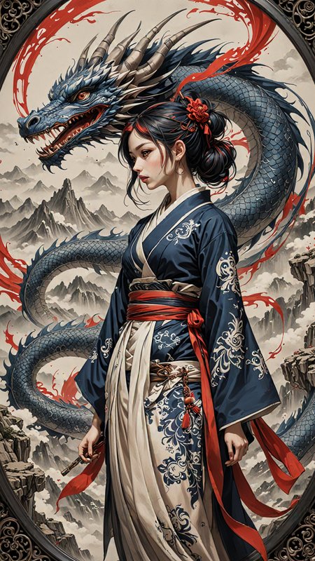(ULTIMATE Japanese style, INK WASH). on parchment,  Black and White, dragon girl, mountains, (japanese Writing in Red and Blue), trending on ArtStation , intricate details, masterpiece, best quality, (Use Dream Diffusion Secret Prompt), (Epic), <lora:3D_Framed_Wall_Art_-_By_DICE:0.6>, (Framed Dragon), UHD