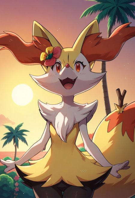 score_9, score_8_up, score_7_up, 
solo, 1girl, braixen, pokemon \(creature\), furry, smile, happy, hair flower, 
pink sky, sunset, sun, palm trees,