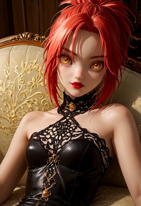 source_anime, score_9, score_8_up, score_7_up, score_6_up, rating_explicit, score_9, score_8_up, score_7_up, subsurface scattering, Photorealistic, Hyper realistic, analog style, realistic, film photography, soft lighting, photo, cinematography, high resolution, 8k, incredible photo, award winning photography, fine detail, beautiful female model
(Sc4rl3tGr3y-h, 25-year-old woman, small breasts, gold eyes, red hair), centerfold of a men’s magazine, Erotic, sensual, sexual, rating explicit, 
1girl, solo, (messy ponytail hairstyle), messy wavy hair, perfect face, perfect eyes, beautiful eyes, sexy, sexy girl, beautiful eyes, slim body, perfect pretty face, lying down on (luxurious leather sofa), lying down, looking at viewer, loving expression, in love, close up, dynamic angle, (small gentle smile:0.7), (red nails), gold ring, (long slim legs), (black long lace dress), gold jewelry, (gothic living room background), red lips, red lipstick, nighttime, gothic aesthetic, night,