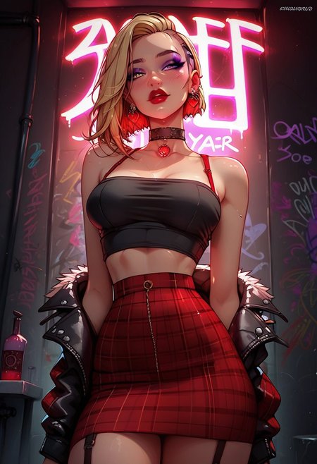 (score_9, score_8_up, score_7_up), 1girl, 18 year old, blonde, bobcut, ((black tubetop)), ((red plaid ((skirt)))), choker, ((red bra straps)), beautiful, red lipstick, purple eyeshadow, earrings,
cowboy shot, in the club bathroom, graffiti, empty drinks, grungy,
Expressiveh, KRKNK,g0th1c, glowing, neon lights,