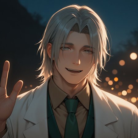 masterpiece, best quality, amazing quality, absurdres, newest, detailed background, definition so sharp, Ultra-HD, 8K cinematic, very awa, impressionate, amazing quality, highres, 
solo, male focus, manly, mature male, bara, bokeh, night, warm light, blurry background, outdoor, 
yashiroisana, 1boy, short hair, parted bangs, shiro_pretime, shiro_grey hair, shiro_grey eyes, lab coat, green blazer, brown collared shirt, green tie,
smile, happy face, open mouth, waving