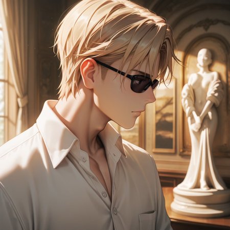 masterpiece, best quality, amazing quality, absurdres, newest, detailed background, definition so sharp, Ultra-HD, 8K cinematic, very awa, impressionate, amazing quality, highres, 
solo, male focus, manly, 
1boy, short hair, izumo_blonde, izumo_brown eyes, izumokusanagi, sunglasses \(on face\), formal wear, suit jacket, buttoned shirt, art gallery, soft ambient light, sculptures, blurred background, refined, sophisticated, thoughtful, aesthetic, profile, looking into distance, calm gaze,