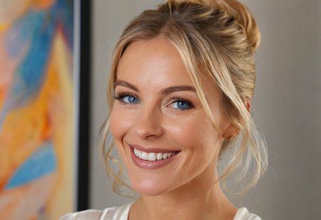 "A hyper-detailed, high-resolution (8K) close-up portrait of a 40-year-old woman with sleek blonde hair tied back in a soft bun, wearing a light, airy white blouse. Her striking blue eyes gleam with happiness, framed by delicate laugh lines that enhance her natural charm. The background is intentionally blurred, suggesting a high-end art gallery with soft track lighting illuminating abstract paintings in warm tones. Shot with a Hasselblad H6D-100c medium-format camera, using a tight crop and a shallow depth of field (f/2.8) to focus on the intricate details of her skin, hair, and eyes. The lighting is diffused yet directional, casting a refined glow reminiscent of Annie Leibovitz’s contrast-rich portraiture."