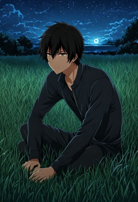 high resolution, solo, best quality, 1Boy, Kanie Seiya, Black Hair, grass, middle night, sky night, beautifull night, OverallDetail