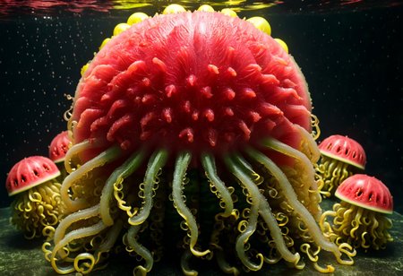 A cinematic photograph of a watermelon made of poly acrylic in the shape of a horny, five-headed woman, having sex with a glowing yellow jellyfish, in the style of Raphael,  Movie Still, Film Still, Cinematic, Cinematic Shot, Cinematic Lighting, JuggernautNegative, biopunkai, Disgusting, Globby, Goo, Yucky, Icky