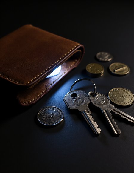 A photo of a worn leather wallet, with a set of keys and coins scattered across its surface. There is a strange LED glow coming from inside the wallet., <lora:amateurphoto-v5-14-15-1-1:0.4> <lora:Another_Amateur_Lora:0.4> <lora:Phlux:0.4> <lora:UltraRealistic_Lora_Project:0.4>