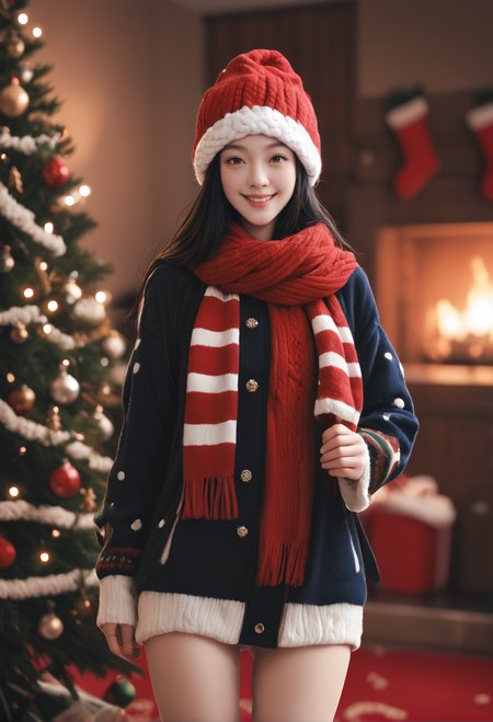 1girl,,ruanyi1386,beanie,striped clothes,red scarf,christmas,standing,thigh gap,christmas tree,blurry background,smile,<lora:1386 christmas_v1_pony:1>, score_9,score_8_up,score_7_up,,8k,solo,,