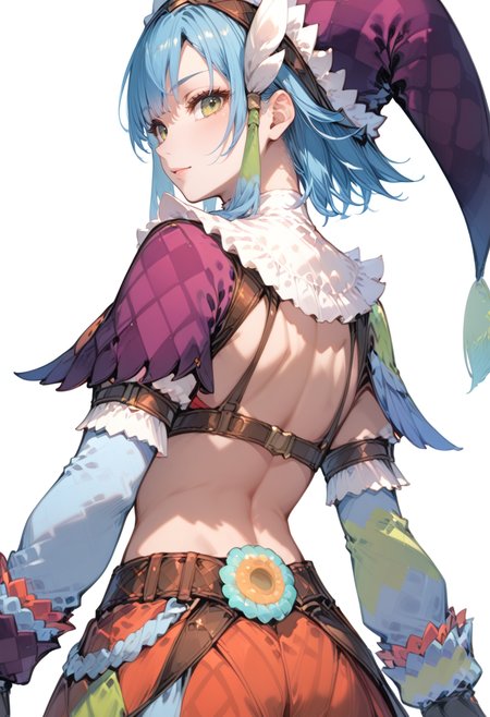 (score_9:0.9),score_8_up,score_7_up,rating_safe,anime_style,(zPDXL),<lora:Qurupeco X Armor ponyXL v1.3:0.8>,1girl,qurupeco x armor,solo,blue hair,from behind,argyle,white background,simple background,standing,back,bangs,looking back,asymmetrical fingerless gloves,asymmetrical jester cap,upper body,