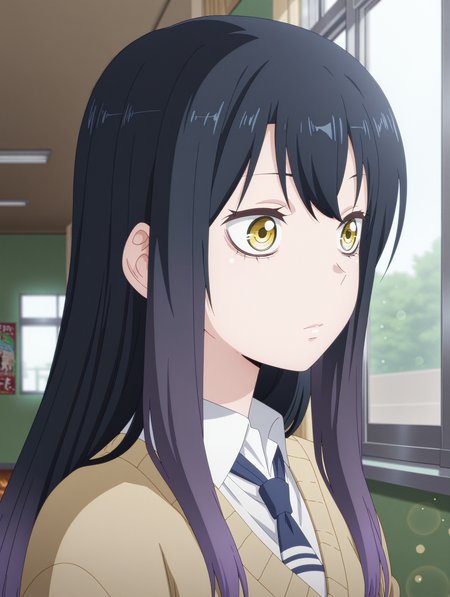 <lora:Miko_Illustrious:1> yotsuya_miko,
masterpiece, best quality, amazing quality, detailed, anime coloring, MikYotsub_LW, anime screenshot, black hair, long hair, yellow eyes, gradient hair, purple hair, 1girl, solo, 
school uniform, necktie, white shirt, beige sweater, portrait,   indoors, window,upper body, three quarter view, day, solo focus,
school hallway,green wall, poster, bokeh,  blurry background,