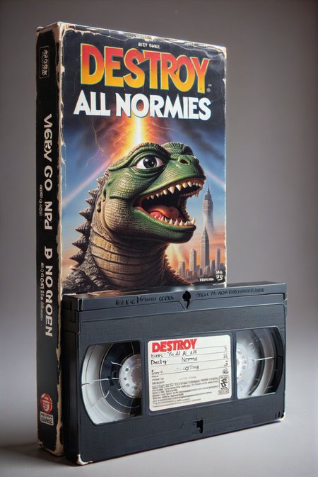 VHS tape, movie called "Destroy All Normies":1.5 , about a gigantic pepe Godzilla, shooting laser beam from mouth, city skyline, breathing fire
<lora:VHS_package:0.7> <lora:pepe_frog SDXL:1>, pepe_frog