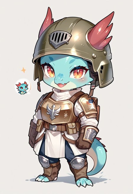 score_9, score_8_up, score_7_up, source_cartoon, cute chibi kobold, chibi body, body armor, combat gloves, combat helmet, looking at viewer,  SomSom Style