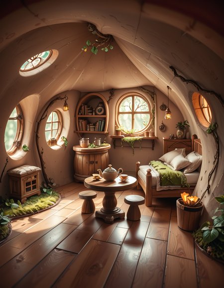score_9, score_8_up, score_7_up,amazing quality, ultra realistic, 3D, HD, best quality, amazing quality, very aesthetic, absurdres
A highly detailed, realistic photograph of a tiny gnome house nestled at the base of an ancient oak tree, taken in soft morning light with a gentle mist hanging in the air. The house is crafted from natural materials: smooth stones form the lower walls, and curved wooden planks create a round, thatched roof with patches of moss and small wildflowers growing on top. Tiny circular windows with stained glass panels glow faintly from within, casting warm amber and green hues. A miniature wooden door with intricate carvings sits slightly ajar, surrounded by tiny lanterns that hang from delicate hooks, each softly glowing. Around the house, the forest floor is covered in dew-kissed clover, mushrooms of varying sizes and colors, and winding little cobblestone paths. In the background, tall ferns and oversized leaves tower, giving the scene an enchanted, hidden feel. Subtle rays of sunlight break through the canopy above, highlighting fine details with a dreamy, ethereal atmosphere. Hyper-realistic style, high-resolution, rich earthy tones, with an overall cozy and magical woodland vibe. No creatures or people, only nature and the charming architecture of the gnome's home.
<lora:SDXLFaeTastic2400:0.4> <lora:extremely_detailed:0.4> extremely detailed,tiny gnome h0us3 <lora:tiny_gnome_h0us3-p:1>