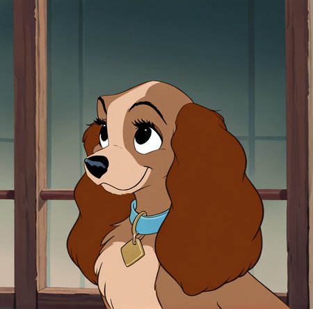 masterpiece, 4k, absurd res, detailed, highest quality,  <lora:lattladyillustrious:1>, cocker spaniel, 1girl, solo, smile, brown hair, closed mouth, upper body, black eyes, collar, domestic dog, lady \(ladyandthetramp\), dog ear, animal nose, dog, no humans