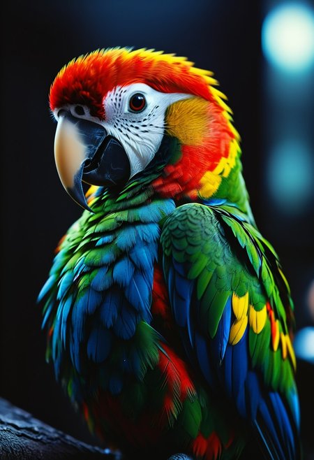 macro shot, cinematic photo of parrot, colorful, dark shot, film grain, extremely detailed, midjourneyv6.1