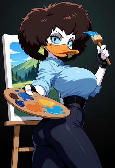 score_9,score_8_up,score_7_up,score_6_up,best quality,masterpiece, (black background),
1girl, solo,(from behind:0.5), looking back, canvas, easal, painting landscape, painting of mountains,
BREAK
splatterphoenix, brown hair, afro, female furry, duck, earrings, fingerless gloves, black eyes, blue sclera, grey eye makeup, (blue collared shirt:1.4), large breasts, narrow waist, smile, looking at viewer, holding small paint brush, holding paint palette,