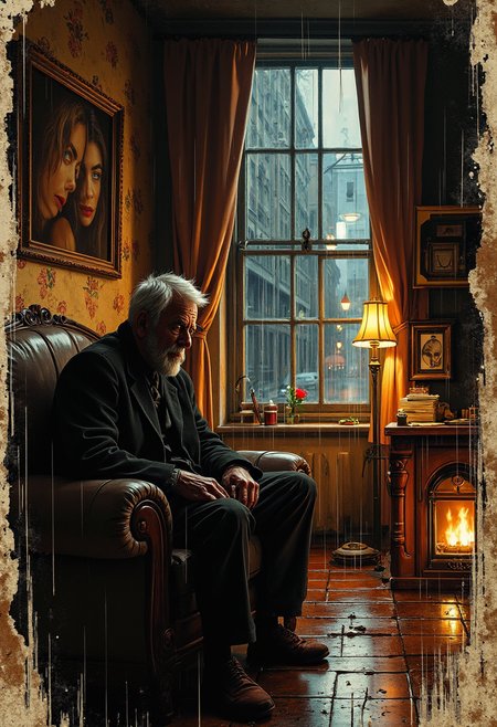 Jedcyb3r, Jedspl4tt, A dimly lit living room bathed in the golden glow of a dying fireplace, casting flickering shadows across the worn furniture. An aged man sits alone in a faded armchair, his weathered hands resting on his lap, his eyes lost in the haze of memory. (Faint, ghostly silhouettes of past lovers appear in the dim lightâsmiling faces that once brought warmth, now mere echoes of time:1.4). a heart-shaped ruby sits on the nearby table, next to a stack of aged letters tied with a frayed ribbon. The air is thick with nostalgia, the room filled with remnants of a life well-lived yet tinged with sorrow. The wallpaper peels slightly at the edges, old photographs line the mantle, their edges curled with age. Outside, a cold rain patters against the window, distorting the city lights into a blurred, melancholic glow. The weight of love lost lingers in the air, heavy yet beautiful in its quiet solitude.
