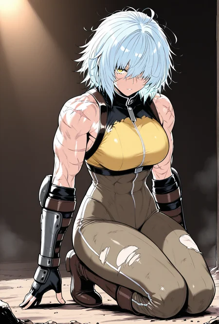 (masterpiece, best quality, ultra-detailed:1.4),
solo,1girl, (light blue hair:1.3), short messy hair, bangs,
(yellow eyes:1.5), (battle-worn expression:1.3), (scar over one eye:1.5), (intimidating aura:1.3),
(hair covering one eye:1.5), (bangs covering left eye:1.4), (left eye obscured by hair:1.4), (hair over eye:1.3),
(battle-hardened:1.4), (war veteran:1.3), (many scars:1.3), (visible wounds:1.2), (weathered face:1.2), (dirt and grime:1.2),
(toned arms:0.6), (muscle tension visible:0.3), (slim but athletic build:1.1), (strong female warrior:1.1),
(full body:1.3)à¸¡
(dynamic lighting:1.3), (gritty, rough textures:1.2)
looking at viewer, (hair slightly messy:1.2), (torn and worn-out fighter outfit:1.2),
 <lora:VioletV2:1>
