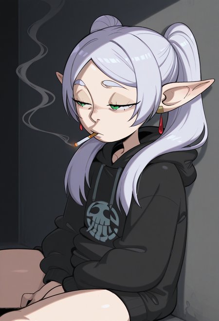 j0j0, masterpiece, best quality, solo,    frieren, sousou no frieren, twintails, green eyes, depressed, black hoodie, eyes half closed, smoking a cigarette, sitting against a wall