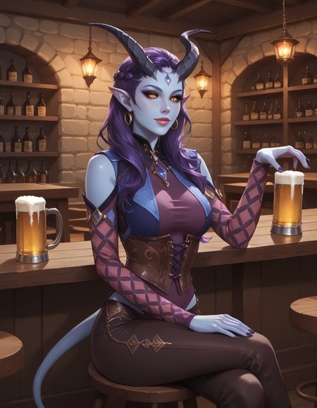 score_9, score_8_up, score_7_up, source_anime,  alfira, alfiraOutfit, 1girl, solo, good_hands, tiefling,  black sclera, yellow eyes, pointy ears, purple hair, beautiful body, beautiful detailed eyes, (blue skin), (dark horns), beautiful face, pretty face, perfect anatomy, demon tail, sitting, pensive, (sitting on chair, at the tavern bar), (fantasy tavern), holding beer, cowboy shot, detailed, <lora:alfiraPony:0.65> ,<lora:pony_good_hands:0.9>, <lora:Concept_Art_Twilight Style_SDXL_LoRA_Pony:0.6>, <lora:light:0.6>, <lora:Realistic000003_1_2.5DAnime_0.05_Merge1:0.2>, <lora:neg4all_bdsqlsz_xl_V91:1>, <lora:Expressive_H:0.25>, <lora:1dkXLP:0.15>,