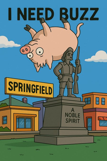 *(Spider-Pig) climbing the (Jebediah Springfield statue), funny cartoon style, (The Simpsons background), (Springfield city square), (blue sky with some clouds), (bold text "I NEED BUZZ" above), vibrant colors, clean line art, smooth shading, high contrast, detailed background, dynamic composition, centered focus on (Spider-Pig), humor, playful atmosphere*