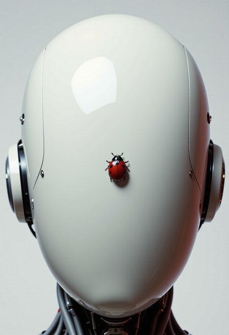 Minimalist oil-painted head closeup of a faceless android, ajpasbot. The smooth dome is cold, pale gray, almost white—blank, except for one simple, stark image: a single red ladybug, painted flat and small, sitting low and off-center, under a fading gray wash.
The background is muted: chalky textures, soft shadows like dusk. The ladybug is the only color—bright crimson, matte black spots—but even its red seems dulled by silence. No golden lines. No flourishes. Just isolation.
There are no vines, no curls, no patterns—just negative space. The oil strokes are wide and sparse, like a fading memory or a sigh. The insect casts a long, lonely shadow across the dome’s curve. It looks like it's trying to escape—but remains motionless.
This is not a celebration. It's a meditation on absence, the weight of stillness, and the loneliness of being decorated when there is no one left to look.