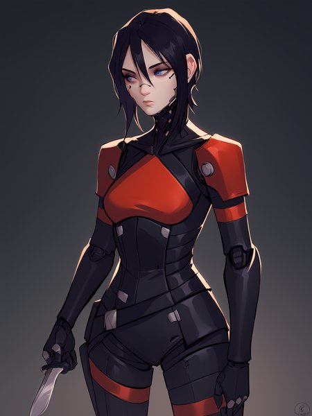 score_9, score_8_up, score_7_up, score_6_up, score_5_up, score_4_up, rating_safe
BREAK
elster, cyborg, black hair, blue eyes, expressionless, looking away, hair between eyes,
BREAK
solo, cowboy shot, skinny, black bodysuit, red accents, medium breasts, holding knife,
BREAK
black background, <lora:Lunas-Elster-Signalis-SDXL-A1:1> <lora:Lunas-NatTheLich-SDXL-C2:1>